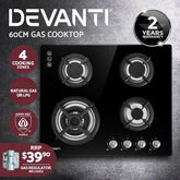 Devanti Gas Cooktop 60cm 4 Burner Black
